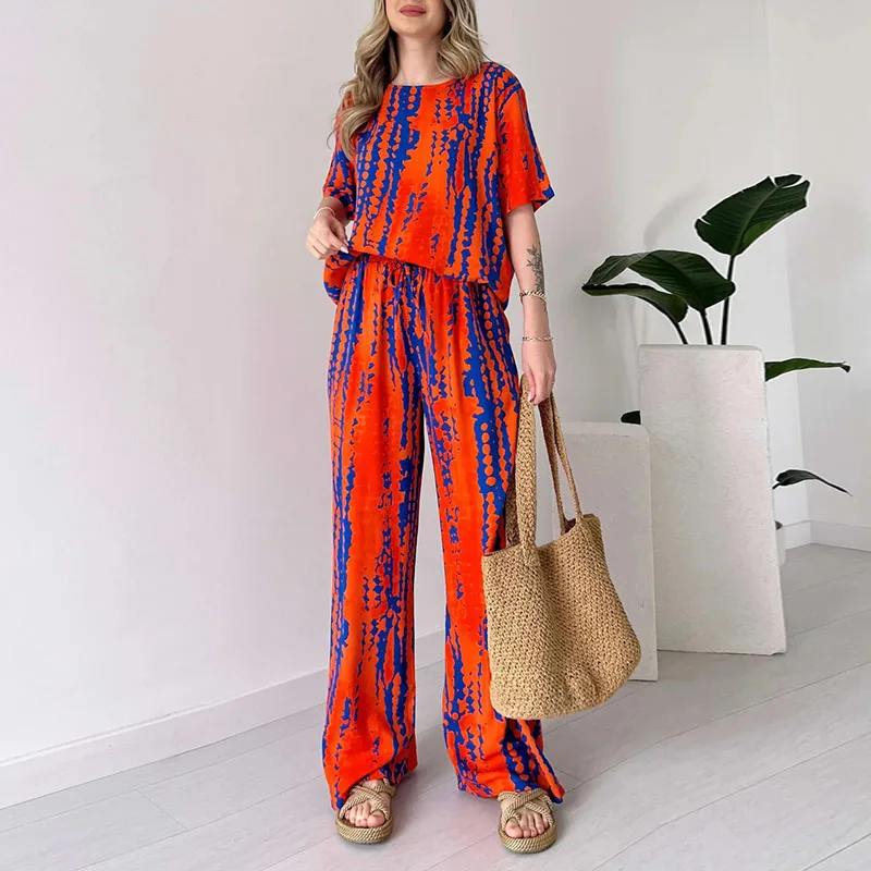 

2024 Elegant Pattern Print 2Pc Sets Fashion O-neck Pullover Top & Long Pant Outfits Women Casual Short Sleeve Pocket Loose Suit