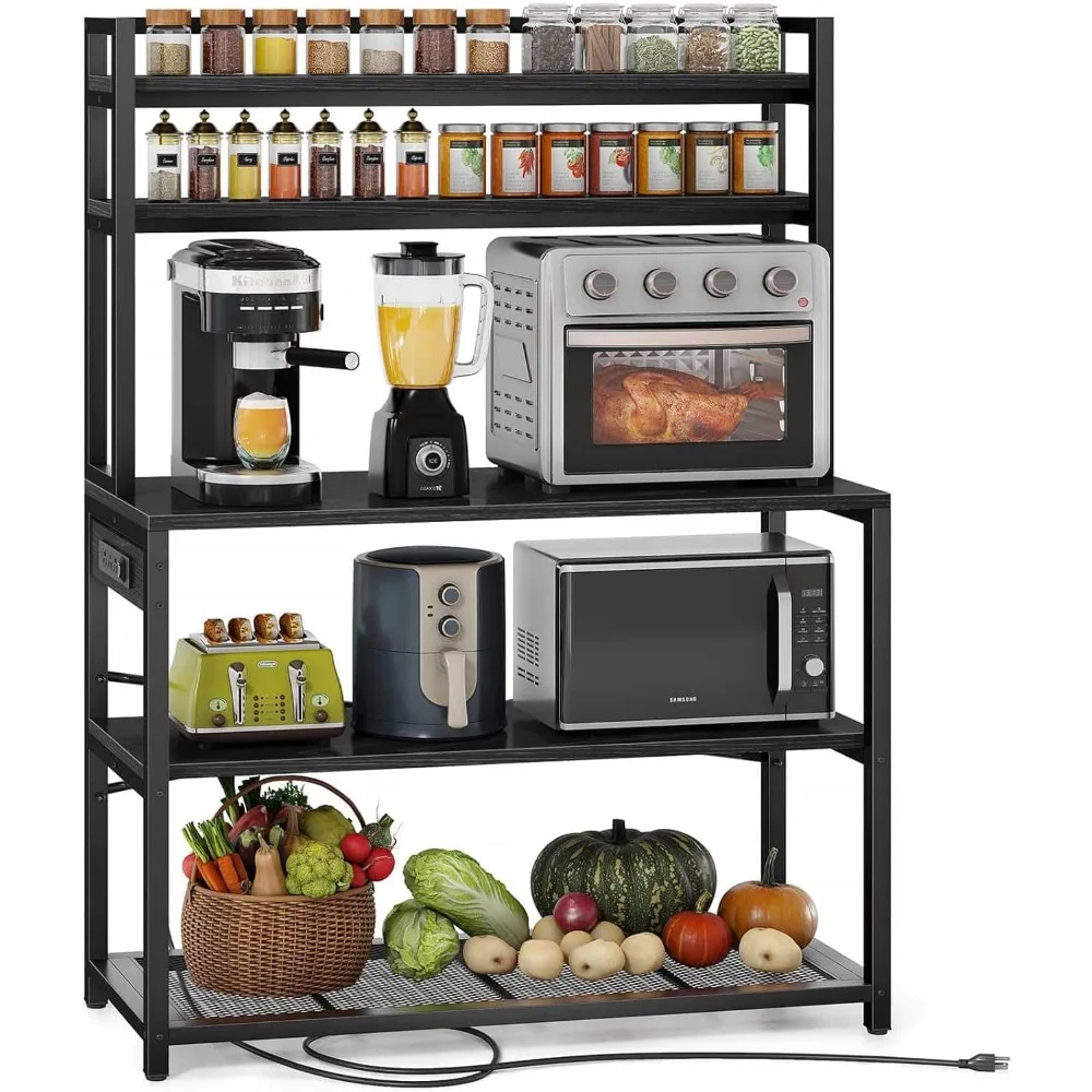 

Denkee 39.4 Inch Wide Large Bakers Rack with 3 Power Outlets, 5-Tier Microwave Stand with Storage, Freestanding Kitchen Stand