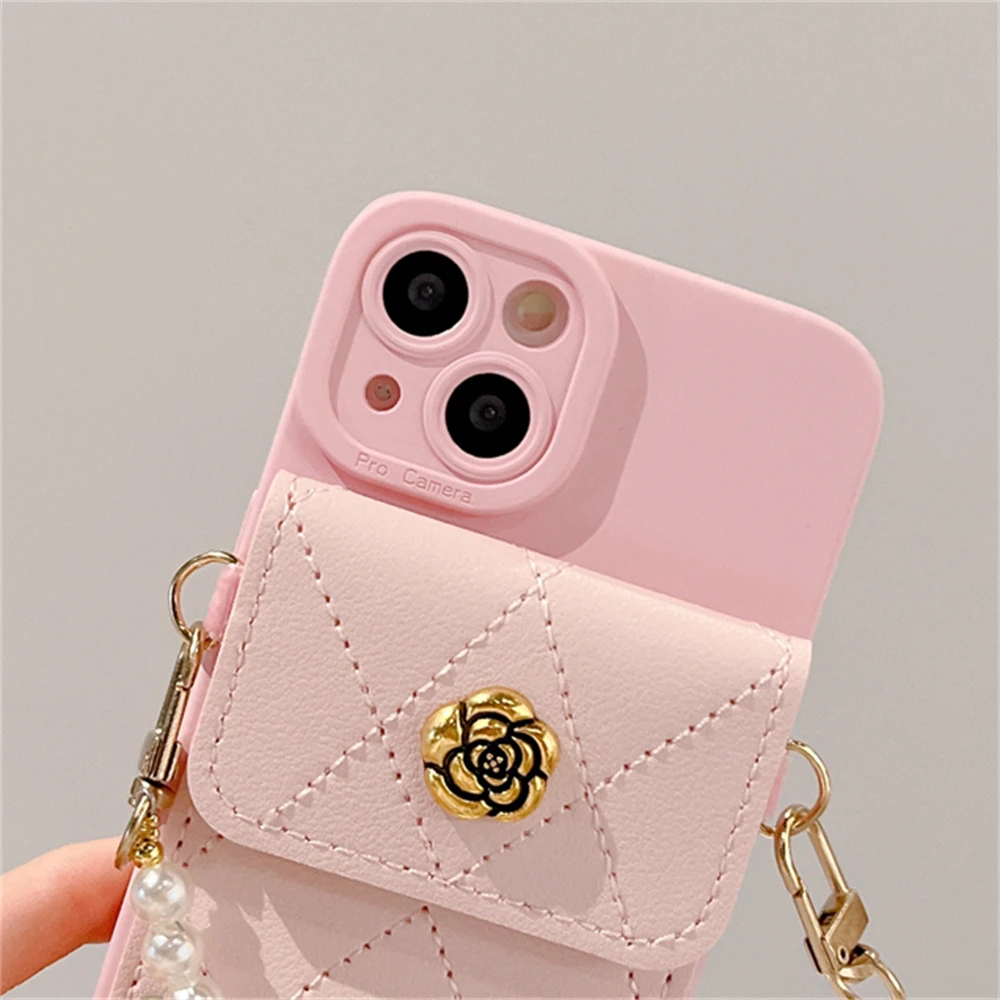 Korea 3D Kamelie Blume Karte Tasche Perle Kette Silikon Weiche Fall Für iPhone 16 15 14 Pro Max 13 12 11 X XR 8 Plus Stoßfest Abdeckung_voghion.com