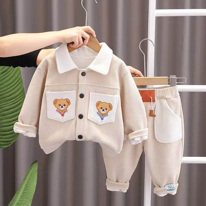 

New Spring Autumn Corduroy Striped Plush Boutique Outfits Cartoon Lapel Shirt Jacket Outwear+Pants Sport Set Baby Boys Clothes