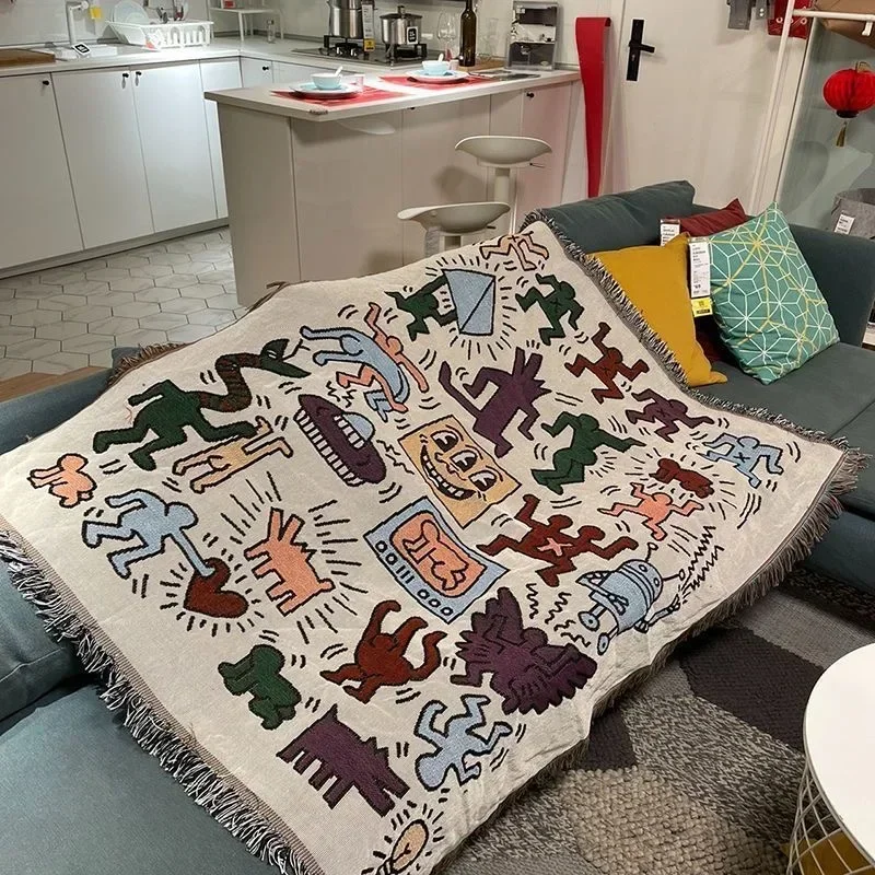 지저분한 그래피티 담요, 야외 소파 커버, 캠핑 태슬 카펫 장식, 가정용 먼지 커버, 피크닉 던지기 담요, 휴대용