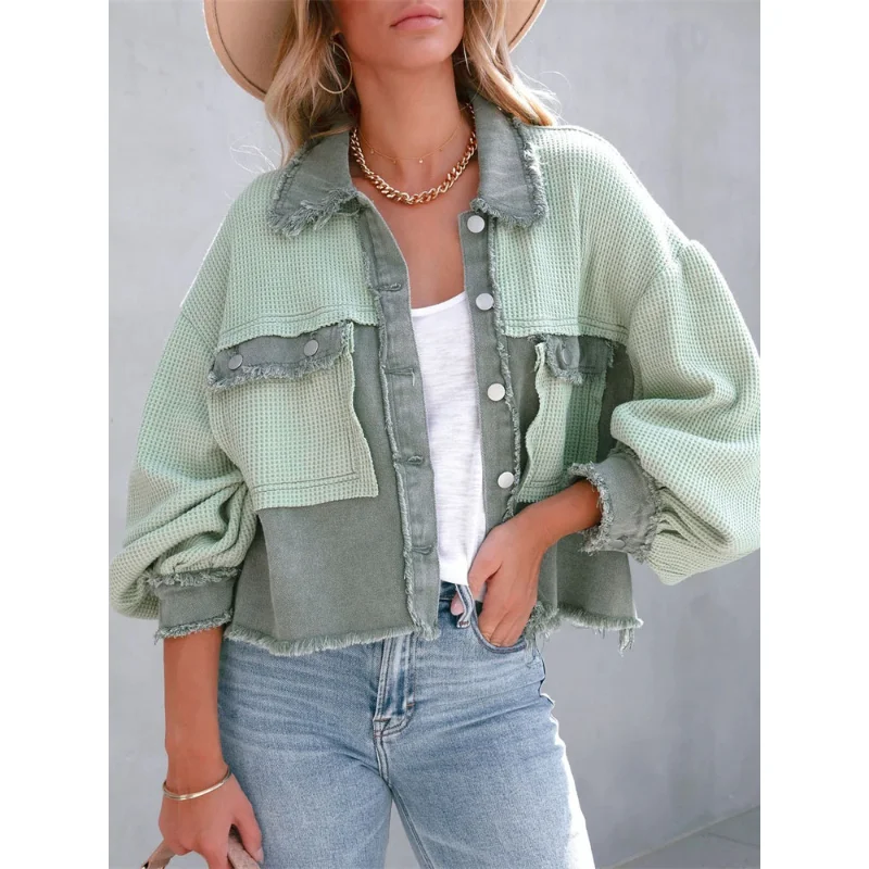 2023 Walf Checks Spliced Short Jacket Women Washing Water Coat Spring Autumn Casual Tops Lady Rough-edges Patchwork Outerwear women spring autumn short coat denim jacket pink jean jackets casual tops purple yellow white loose tops lady outerwear kw02