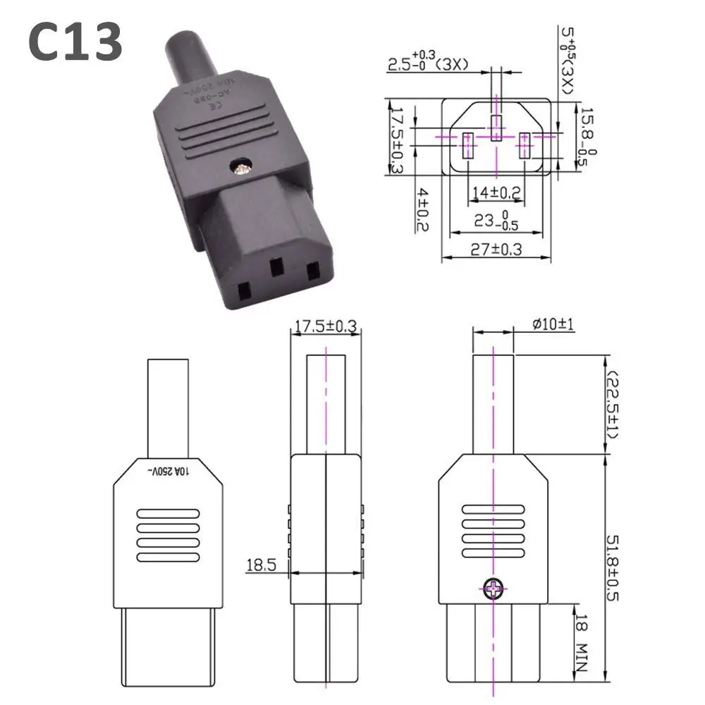 AC Plug Socket 3 Pin IEC 320 Straight Power Connector