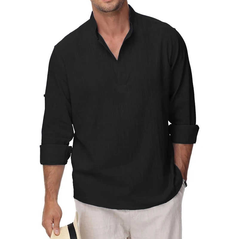 Animal Game Cotton Linen T-Shirts for Men Lightweight Casual Long Sleeve Shirt Henley Beach Hawaiian Top Shirts for Man Work Tee