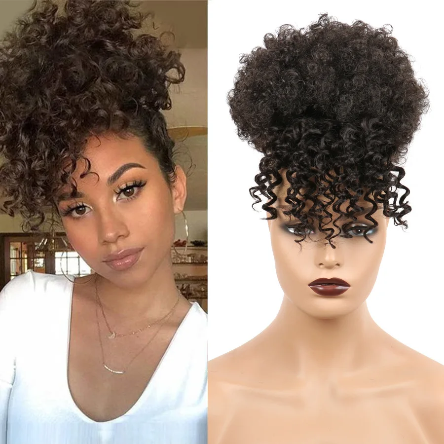 

Drawstring Ponytail with Bangs for Black Women, Afro Puff Hair Extensions, Short Kinky Curly Ponytail