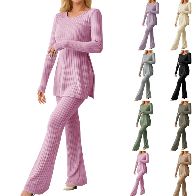 Conjunto de Duas Peças Feminino de Malha com Top de Gola Redonda e Calças Longas 5 Conjunto de Duas Peças Feminino de Malha com Top de Gola Redonda e Calças Cargo