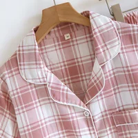 2026 New Summer Women's Pajama Set 100% Cotton Gauze Thin Short Sleeve+Shorts+Pants Simple Checkered Home Furnishing Set - Image 5