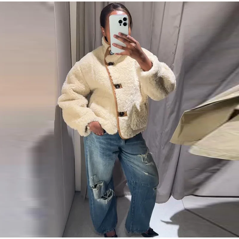 Wende-Lammfelljacke für Damen, Beige, Braun, zweiseitig, Stehkragen, Knopfverschluss, Taschenmantel, 2022, Herbst, Damen-Freizeitkleidung – Detail 24