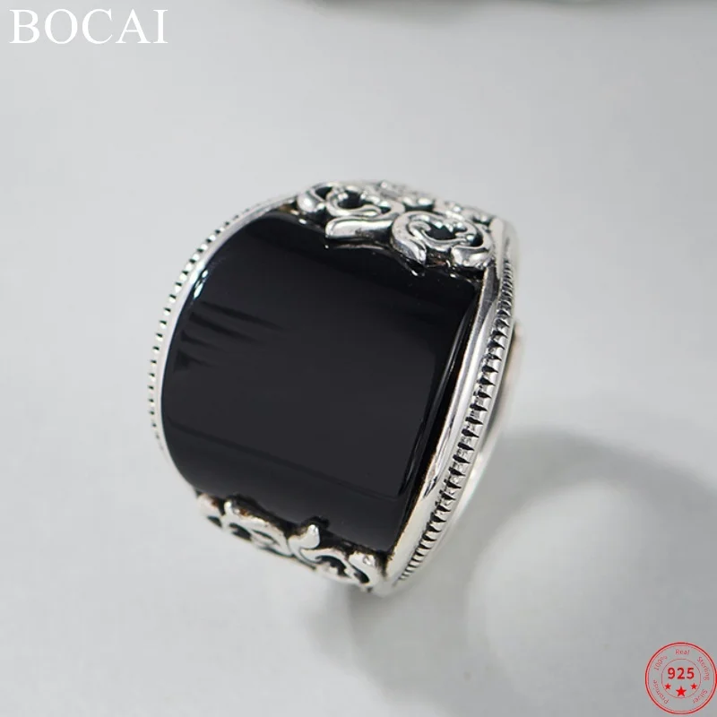 

BOCAI S925 Sterling Silver Rings for Women Men New Fashion Emboss Eternal Rattan Inlaid Agate Punk Jewelry Free Shipping