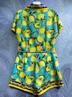 SEQINYY Green Suit Summer Spring New Fashion Design Women Runway Shirt Tee + Shorts Vintage Sicily Lemon Flowers Print Casual 1