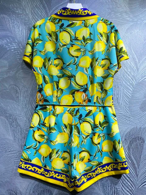 SEQINYY Green Suit Summer Spring New Fashion Design Women Runway Shirt Tee + Shorts Vintage Sicily Lemon Flowers Print Casual 2