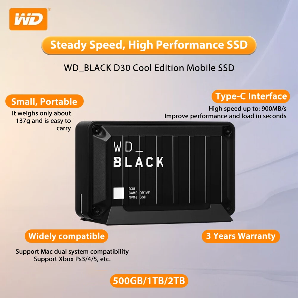 웨스턴 디지털 WD_BLACK D30 게임 드라이브 SSD 500GB/1TB/2TB 휴대용 외장 SSD (Xbox 및 PC용) - 최대 900MB/s