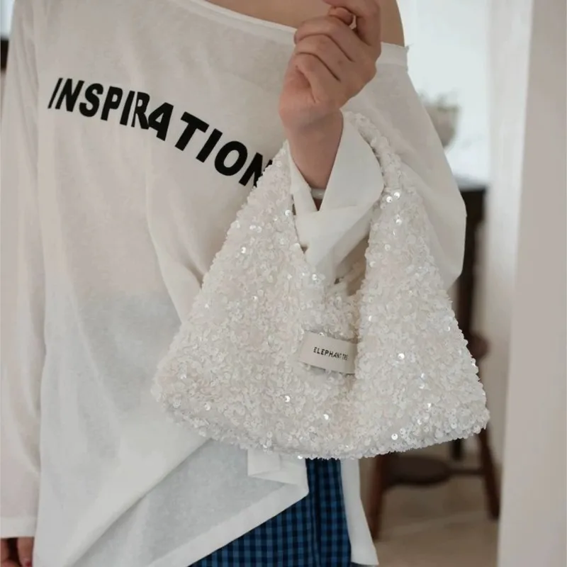 JIAERDI Pure White Sequined Handbag Women Exquisite Small Hobo Bucket Bag Ladies Fashion Premium Design Versatile Purse 2025 New