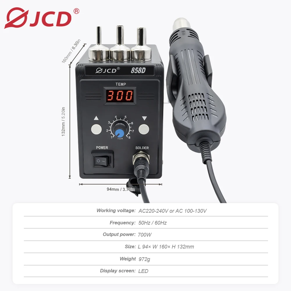 JCD Hot Air Gun 858D 700W BGA Rework Solder Station Soldering Heat Air Gun Station 220V / 110V For SMD SMT Welding Repair Tools 2