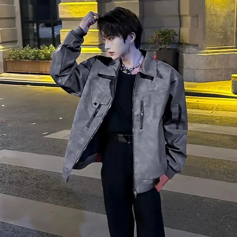 Leather Jacket Motorcycle Jacket Korean Men Brand Clothing Autumn Winter Streetwear Lapel Zipper Coats Long- Sleeve Pockets