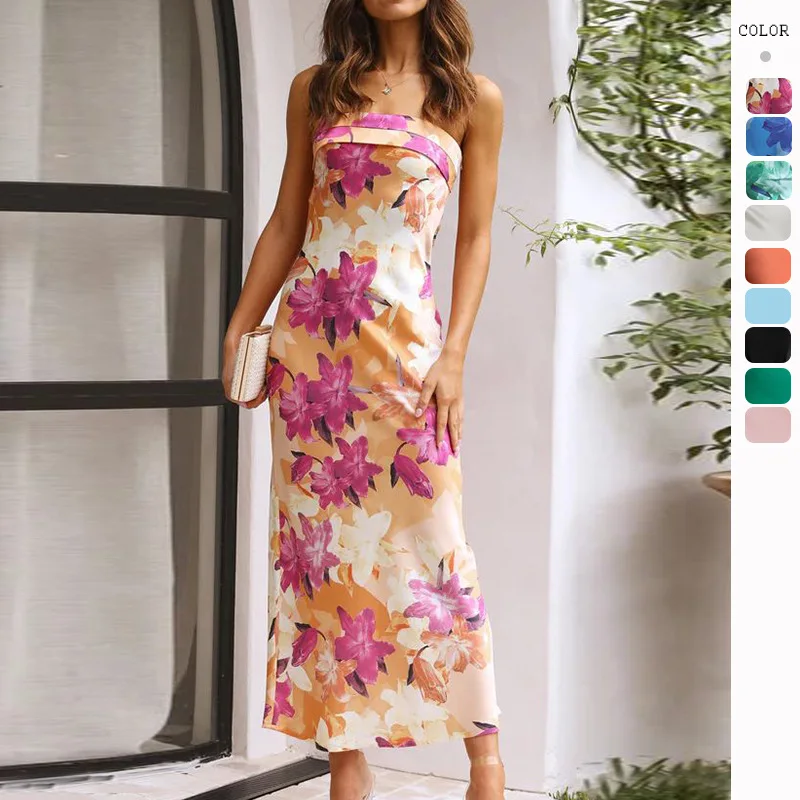 

Cross Border European and American Amazon 2024 Spring/Summer New Style Celebrity Satin Open Back Bra Dress Print
