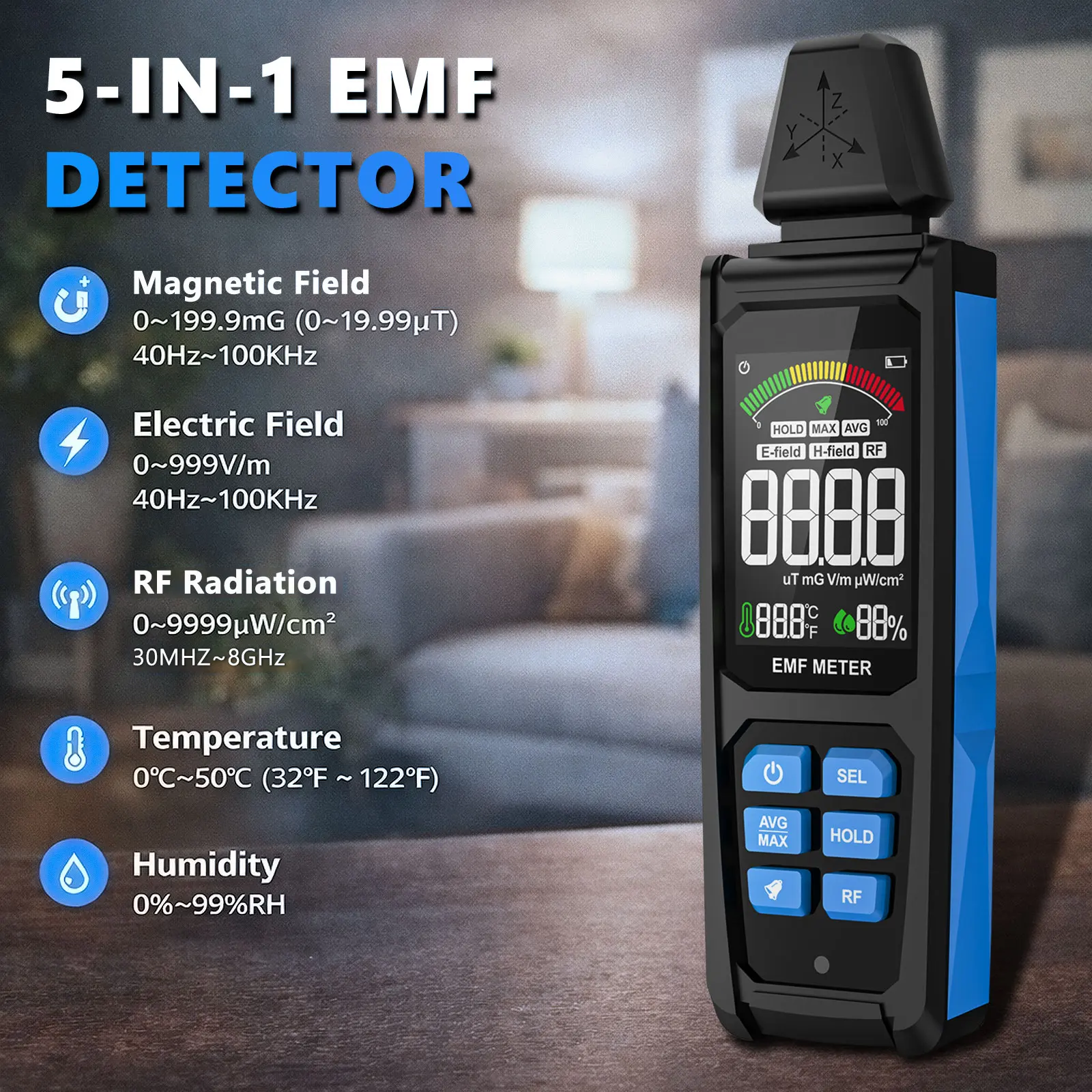 EMF 감지기, EF RF MF 감지용, 디지털 LCD 디스플레이, uT mG/V/m pW/cm² 측정, 가정용 3-in-1 충전식 EMF 측정기