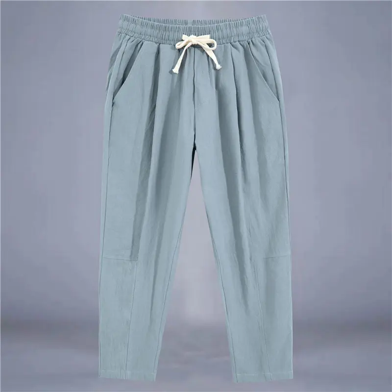 Men's Trousers Cotton Linen Fashion Casual Pants Solid Color Breathable Loose Shorts Straight Drawstring Pants Streetwear Men - Image 12
