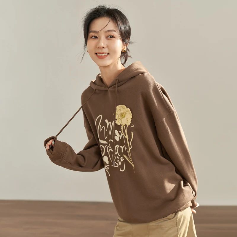 INMAN Women Hoodies 2023 Autumn Long Sleeves Loose Sweatshirts Pastoral Fun Embroidery Fashion Versatile Casual Coffee Tops
