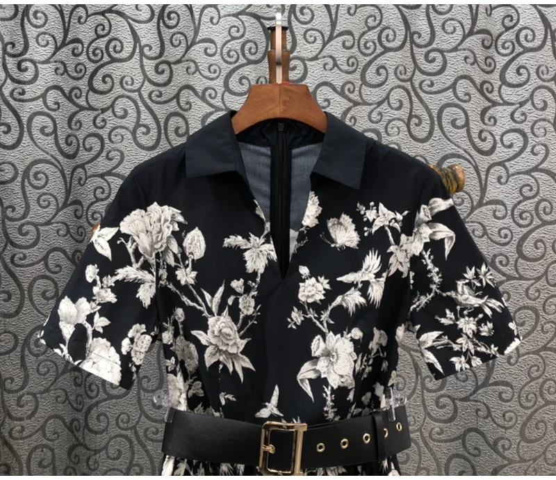  - 100%Cotton Dress 2023 Spring Summer Style Women Turn-down Collar Vintage Floral Prints Belt Deco Short Sleeve Mid-Calf Dress