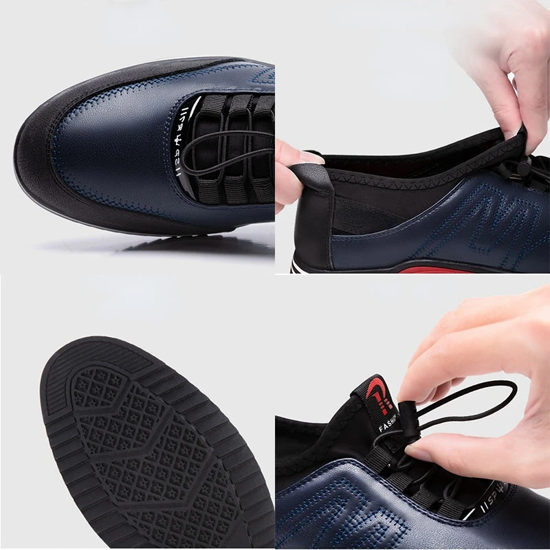 Casual Shoes Men Elastic Band Leather Soft Flat Business Sneakers