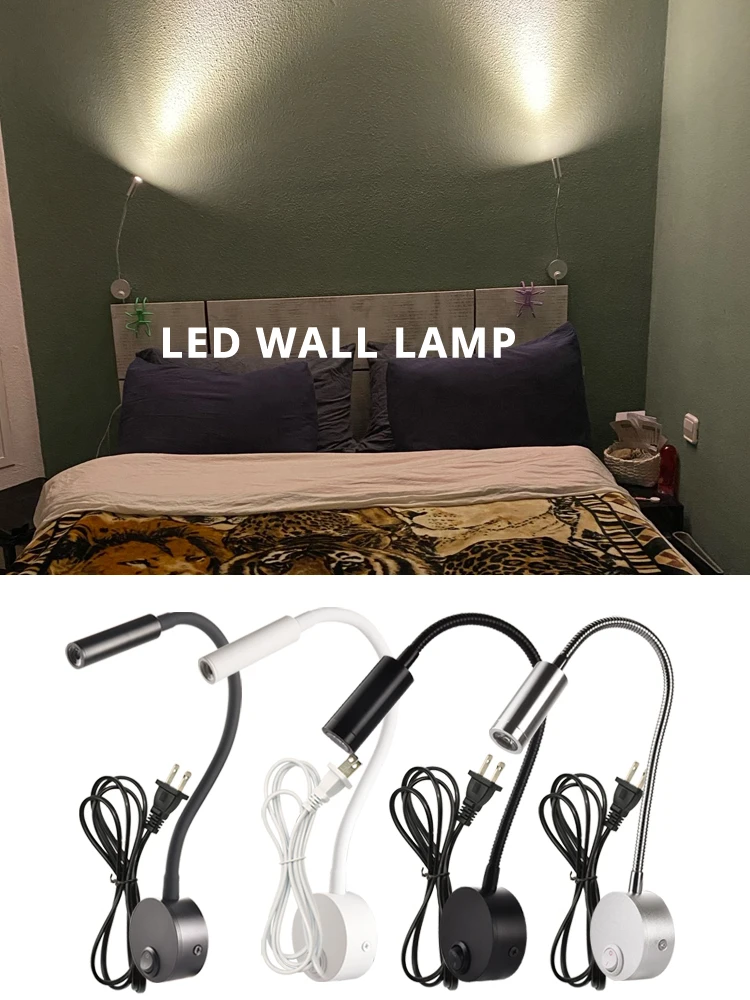 3W Wall Lamp Sconces Bedside Working Study Reading Book wall Night light fixtures Gooesneck Adjust Spot LED White Black Silver 2