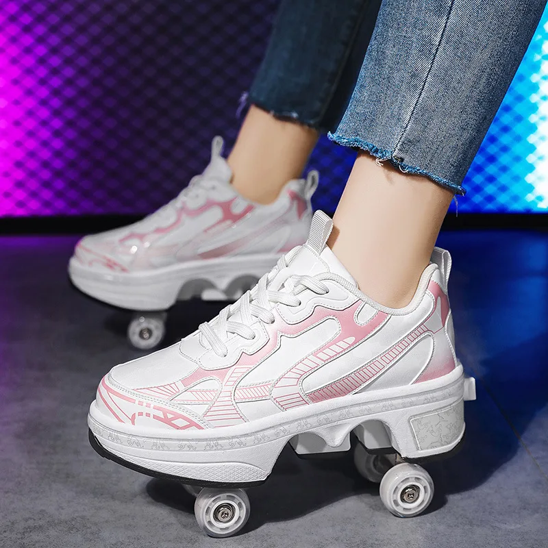 Automatic Retractable 4-Wheel Roller Skates Women's High Sneakers Shoes With Wheels Girls' Dual-Purpose Skating Sports Shoes