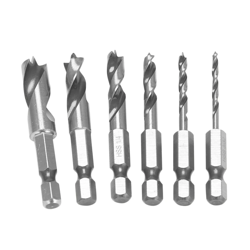 6Pcs HSS SAE Brad Point Stubby Drill Bit Set For Wood With 1/4 Inch Quick Change Hex Shank 3/32