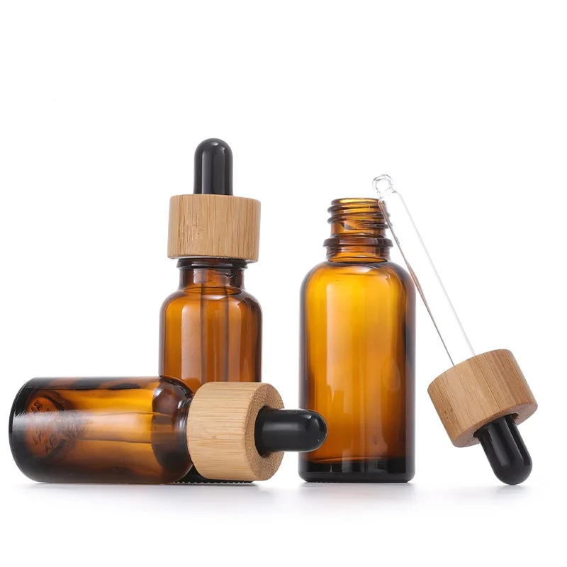 Wholesale 5ml-100ml Dropper Bottle Bamboo Wood Lid Brown Glass Separate Bottle Transparent Mask Skin Care Essence Oil Bottle