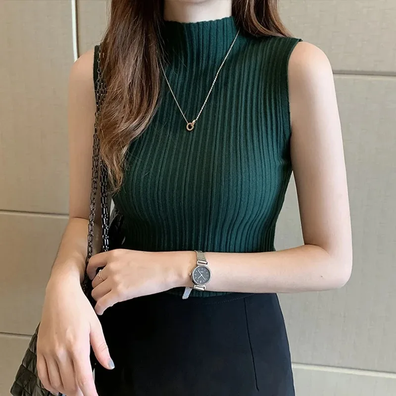 Women's Sleeveless Knitted Sweater Half High Collar Shirt Elegant Casual Blouse Slim Thin Solid Spring Summer 15662