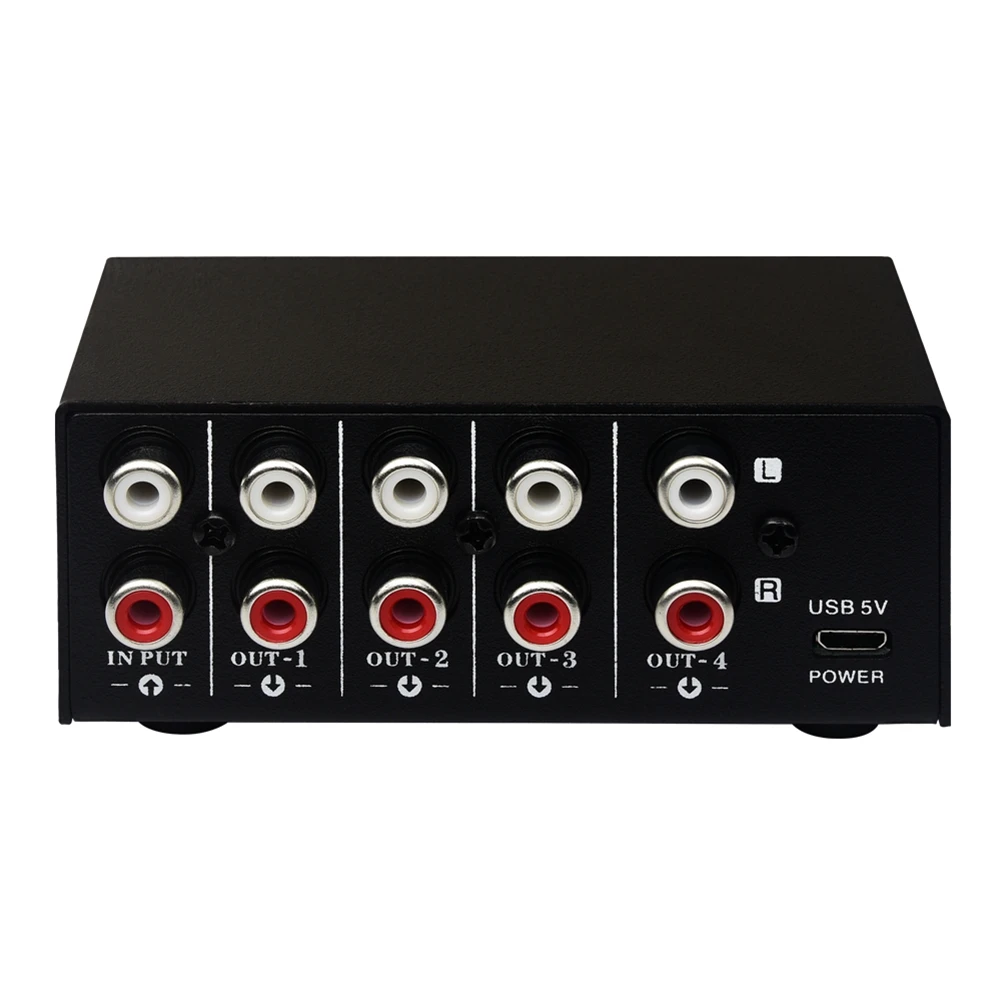 

1 in 4 Out Stereo Signal Source Splitter o Frequency Signal Distribute Device Non Consumption Output RCA Interface