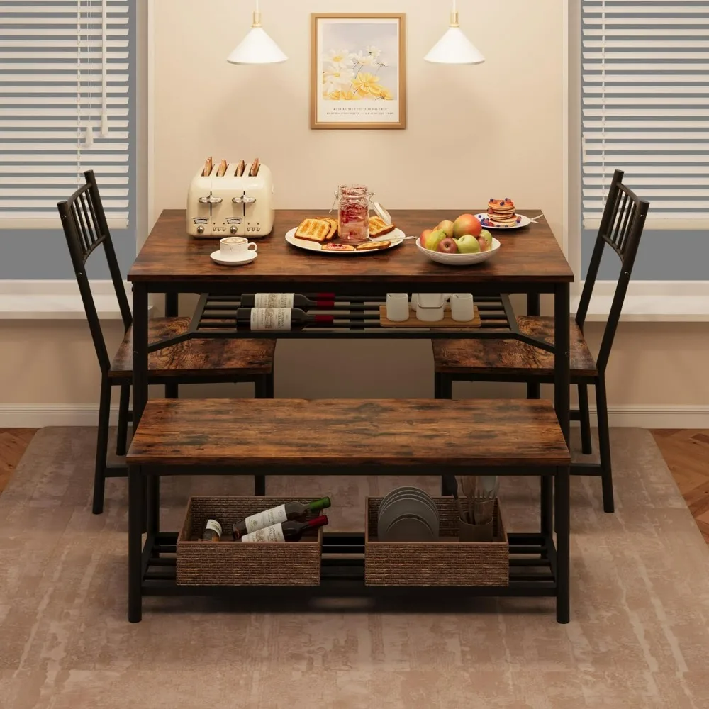 Dining Tables Set for 4 Kitchen Tables and Chairs with Storage Bench Kitchen Table Set with Wine Rack Dining Room Table Brown