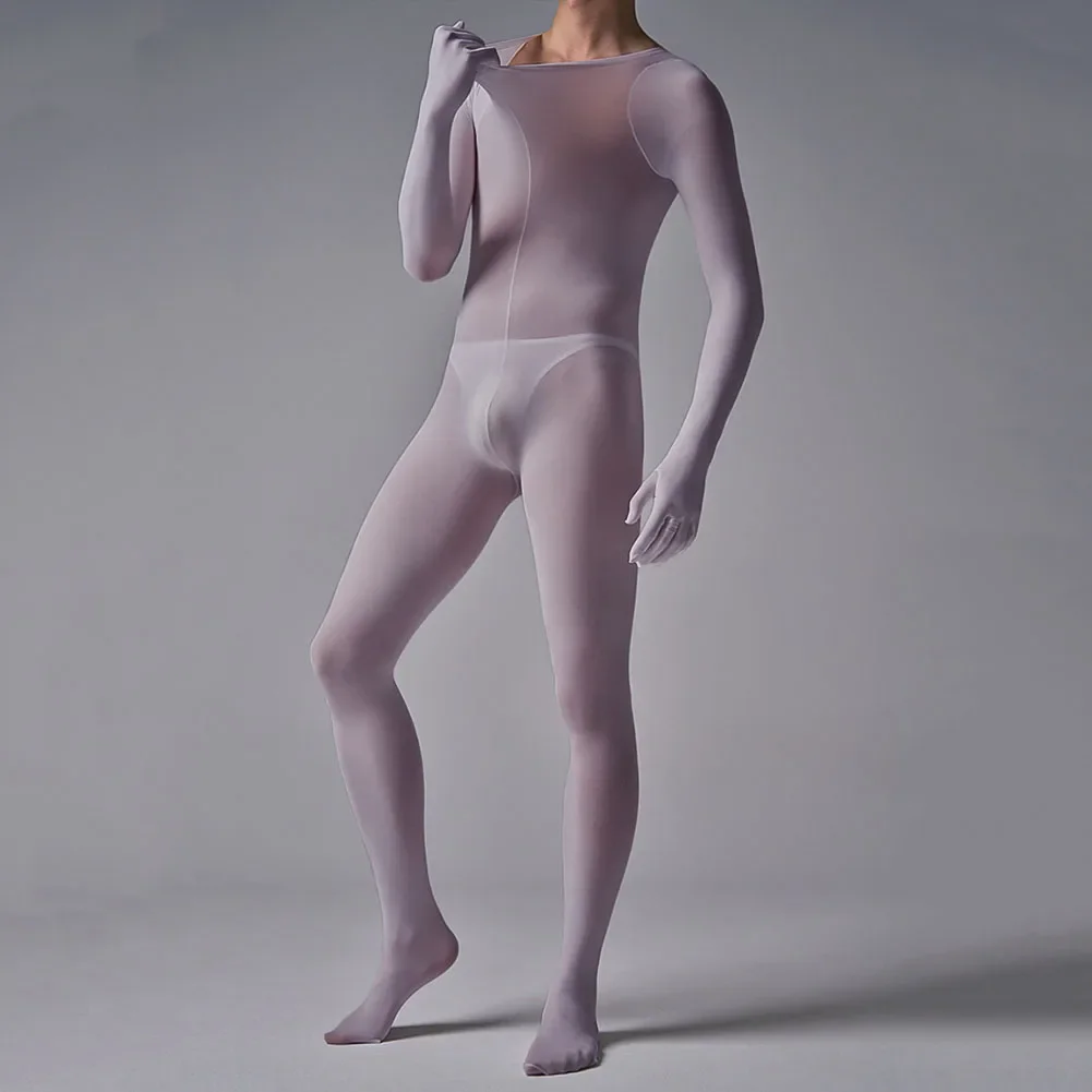 Mens Long Sleeve Bodysuit Leotard Solid Color Jumpsuit Male Bulge Pouch Underwear Transparent Underpants Sleepwear Nightwear
