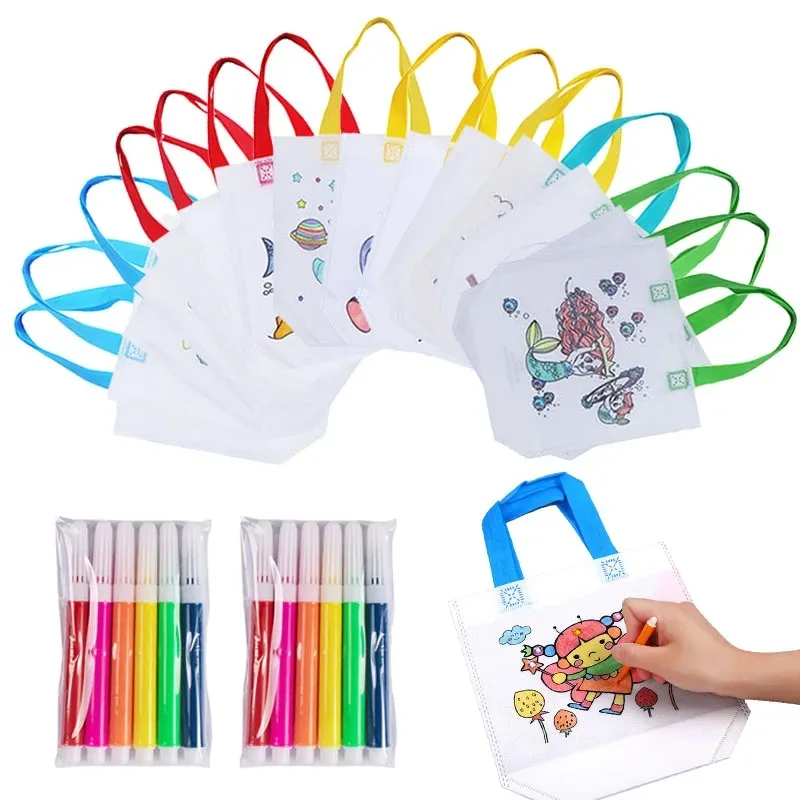DIY /Coloring Goodie Bags with Coloring Markers Party Gift Bags for Kids Toy Storage Bag Eco Non-Woven Fabric Shopping Bags