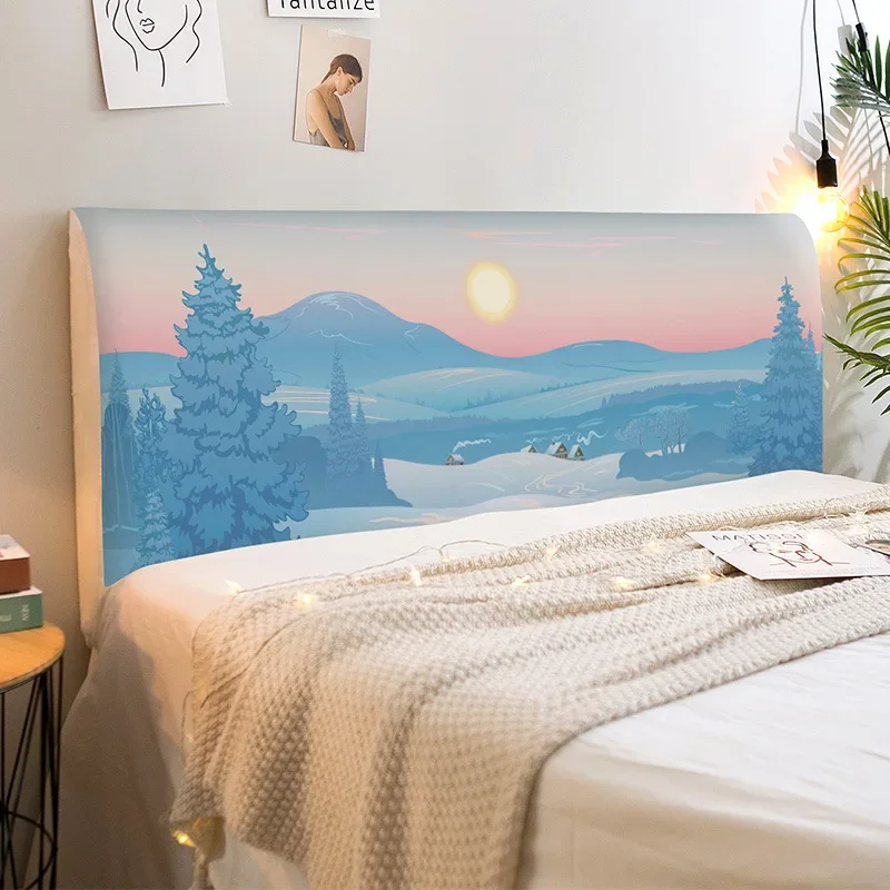 Cartoon Summer Sunset Universal All-inclusive Furniture Bed Head Cover Print Dust-Proof Bedroom Sofa Bed Headboard Slipcover
