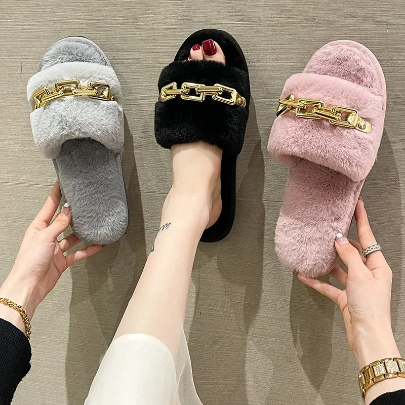 Winter Plush Slippers Women Fashion Open Toe Solid Color Women's Slides Metal Chain Indoor Casual Floor Warm Slippers Home Shoes