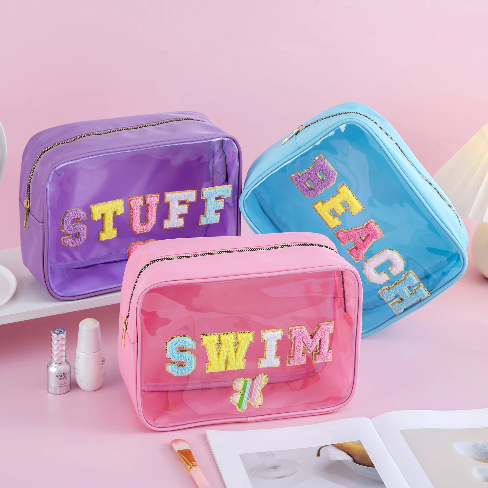 Cute Girls Women Large Capacity Waterproof Preppy Chenille Letter Clear PVC SWIM BEACH STUFF Makeup Bag Cosmetic Zipper Pouch 2