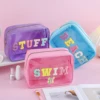 Cute Girls Women Large Capacity Waterproof Preppy Chenille Letter Clear PVC SWIM BEACH STUFF Makeup Bag Cosmetic Zipper Pouch 2