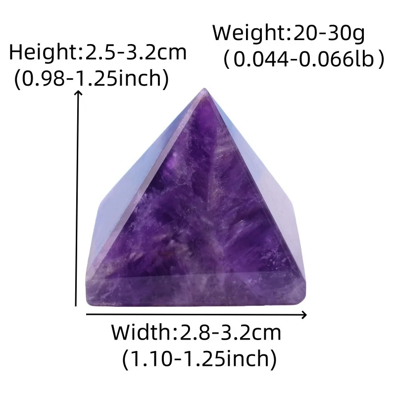 A polished, four-sided pyramid ornament carved from natural Amethyst crystal, featuring a translucent deep purple color and sharp edges.