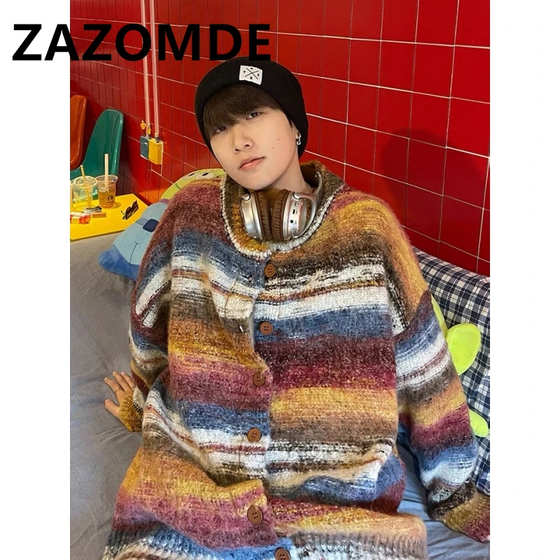 ZAZOMDE 가을 레트로 스트라이프 가디건 스웨터, Y2K 상의, 캐주얼 스웨터 코트, 패션 루즈 니트 점퍼, 하라주쿠 커플 스웨터