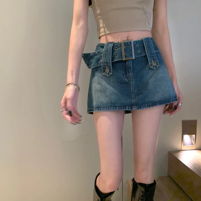 Denim Skirt Women Spring/Summer Vintage High Waist Mini Short Dress Lace Up Wrap Hip Skirt Pants luckymarche tapered fit denim pants qwpdx23321bud