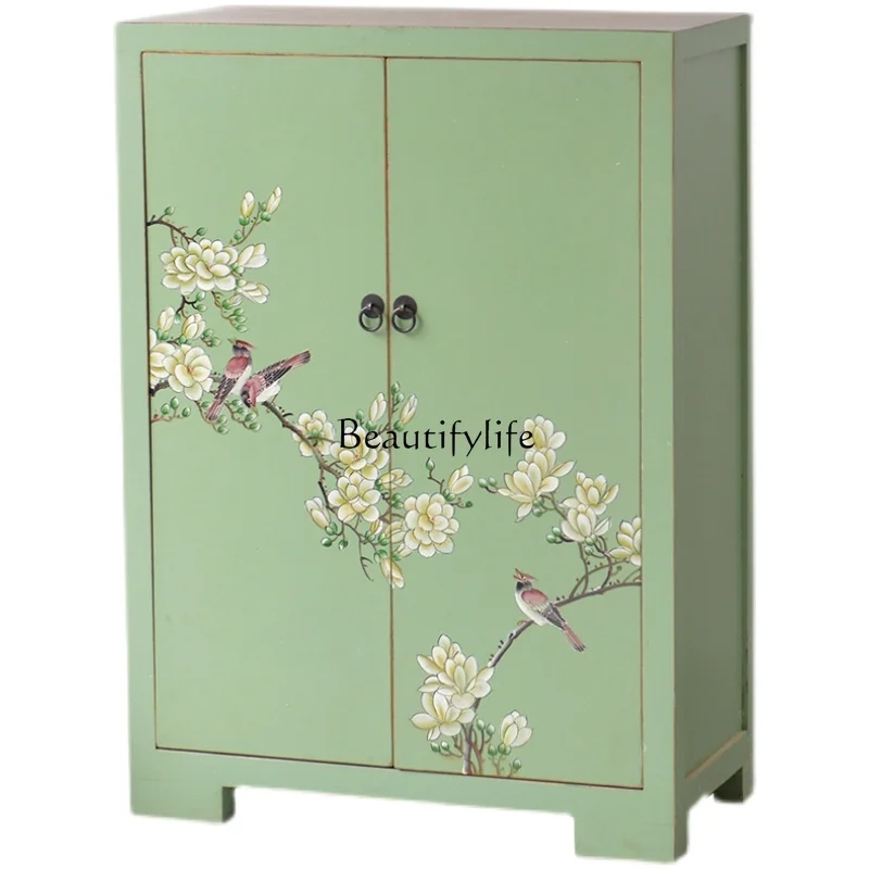 

New Chinese Style Solid Wood Painting Hand-Painted Foyer Doorway Multi-Layer Shoe Cabinet Storage Cabinet