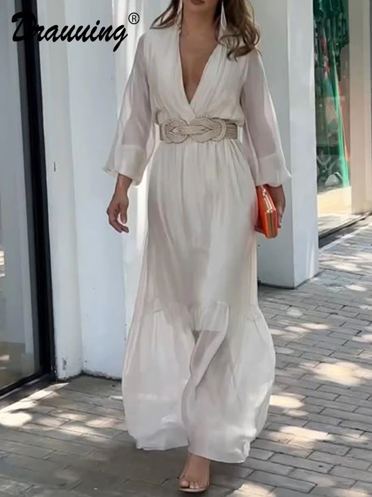 

D​rauuing Ankle Length Dress V Neck Long Sleeve Party Dresses Women Flared Sleeve Long Dresses Women White Hight Waist
