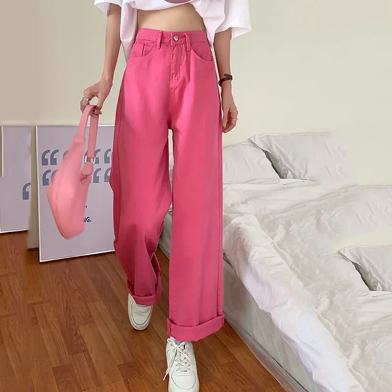 

Джинсы женские в стиле ретро, прямые штаны с завышенной талией и карманами, повседневные брюки МОМ в уличном стиле, джинсы из денима, розовые