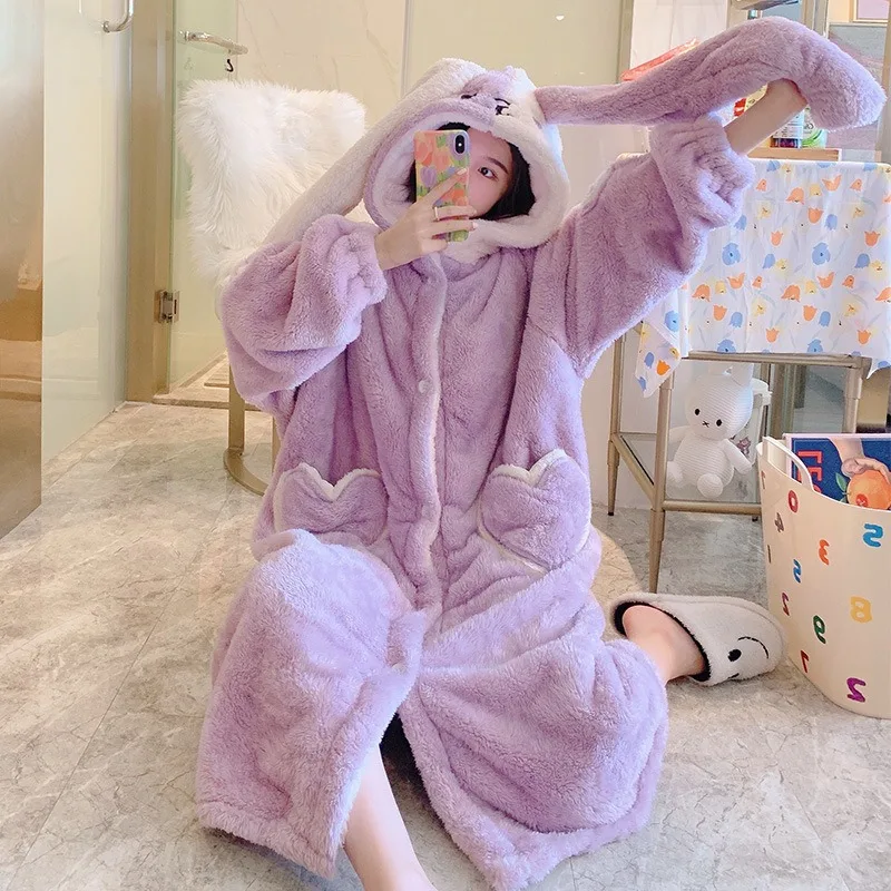 

Couple Loose Thick Winter Sleepwear Rabbit Nightgown Flannel Nightwear 3-layer Quilted Keep Warm Women's Home Clothes Bath Robe