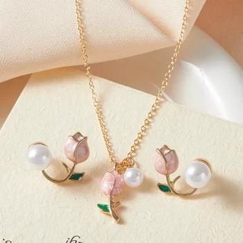 2025 Trendy Fashion Pink Tulip Necklace Earrings Women's Set Temperament Party Sweet Simple Jewelry Set Accessories Gifts 1