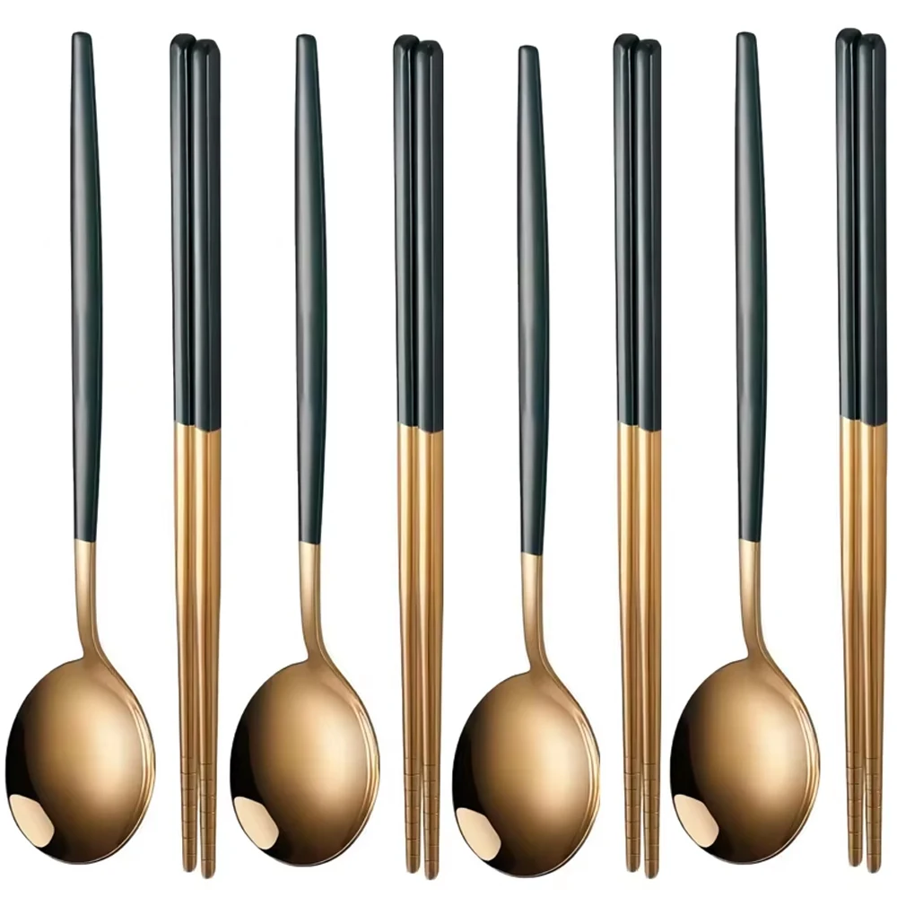 Tableware Set 4pcs Household Black Gold Cutlery Set Chopsticks Spoon Green Gold Stainless Steel Kitchen Dinnerware Set
