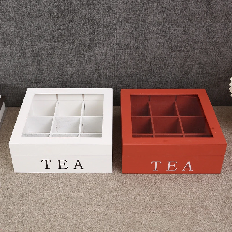 Wood Tea Bag Storage Box With Clear Lid 9 Compartments Square Container Desktop Jewelry Organizer Tea Box Case 5