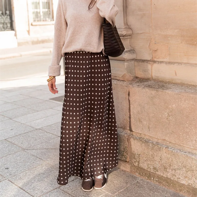 Women Polka Dot Maxi Skirt Elegant Bodycon A Line Flare Long Skirts Cute Dots Print Flowy Maxi Satin Skirt Vintage Streetwear 3
