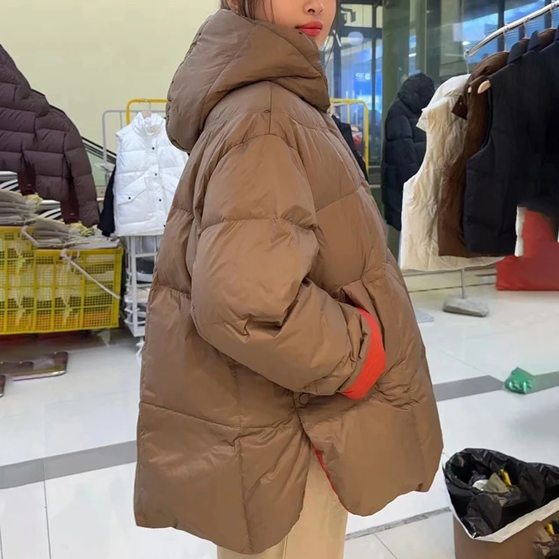 Schinteon Women Down Jacket Casual Loose Over Size Warm Autumn Winter Outwear White Duck Down with Hood Fashion Coat 2024 New 3
